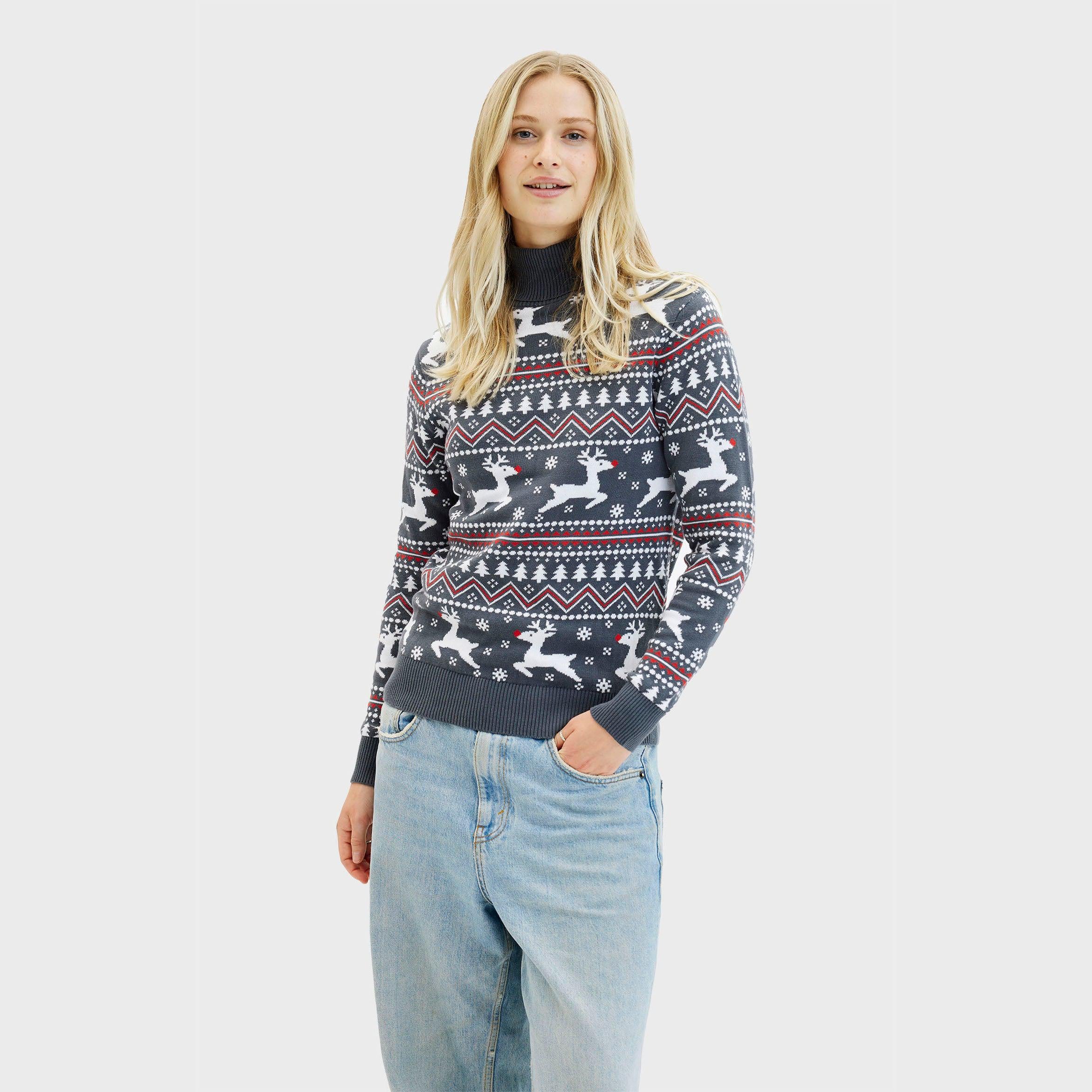 Grauer Weihnachtspullover Damen mit Rollkragen und Rentier-Muster, nachhaltige Bio-Qualität.